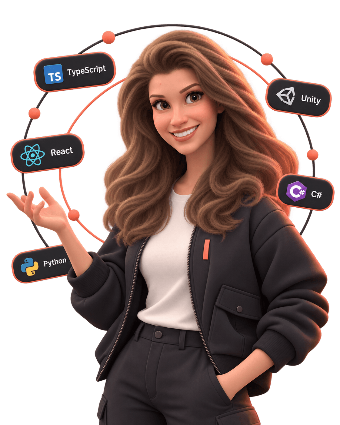 Stylized 3D avatar of Anzhelika Kostyuk surrounded by software development technologies