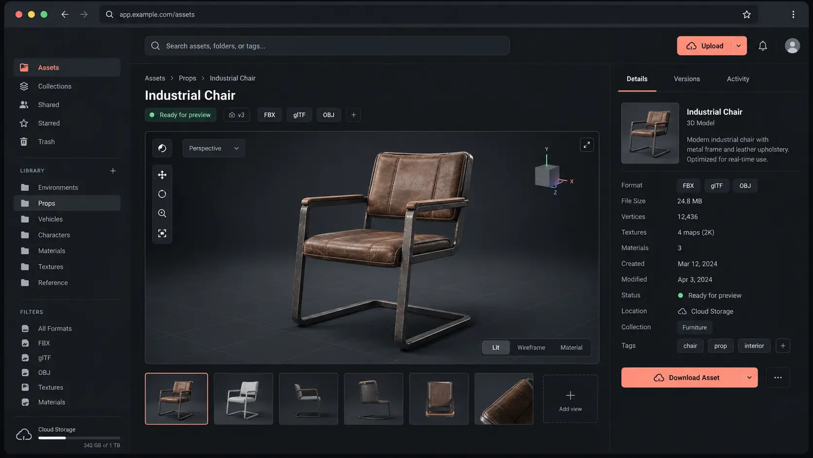 Sanitized concept illustration representing a browser-based digital asset management platform with 3D asset previewing